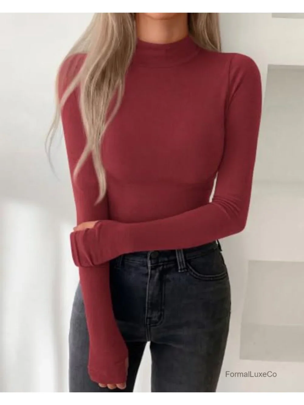 Women's Turtleneck Thumbhole Long Sleeve Top - Fleece Lined Slim Fit Thermal